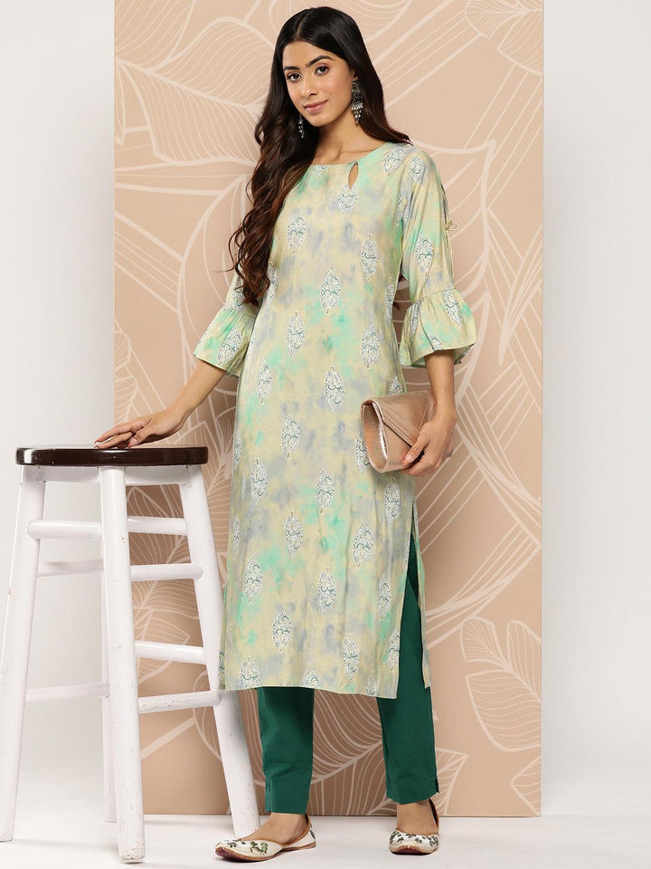 Green Printed Silk Straight Kurta