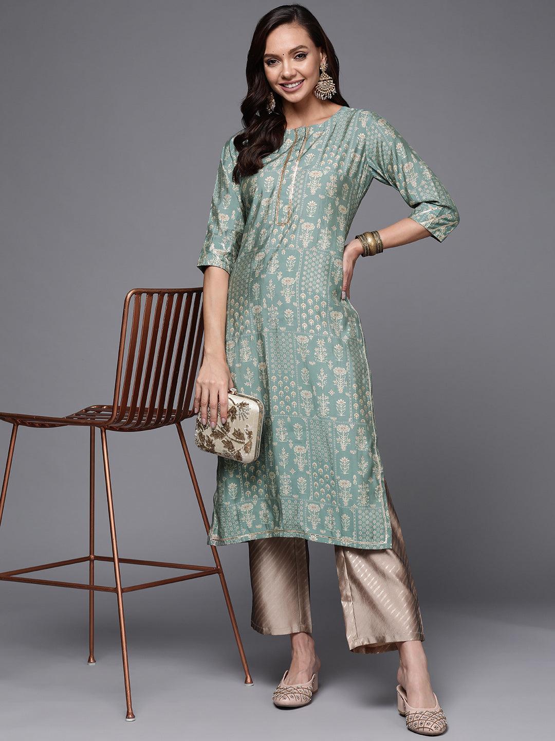 Green Printed Silk Straight Kurta - ShopLibas