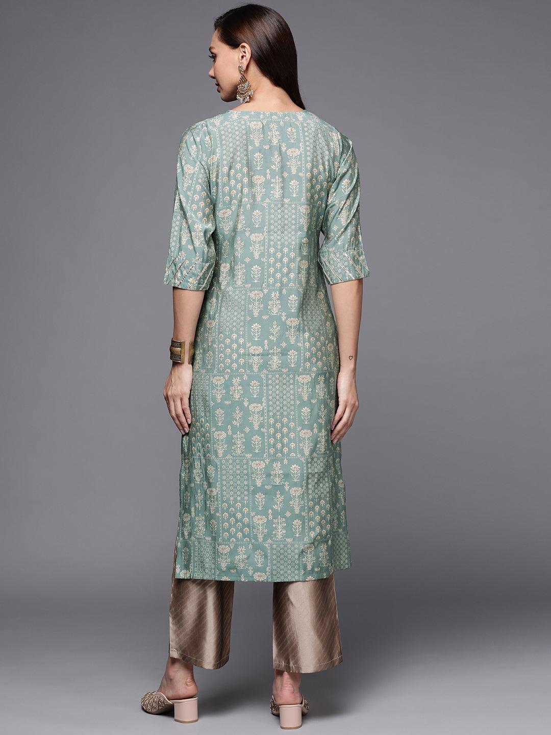 Green Printed Silk Straight Kurta - ShopLibas