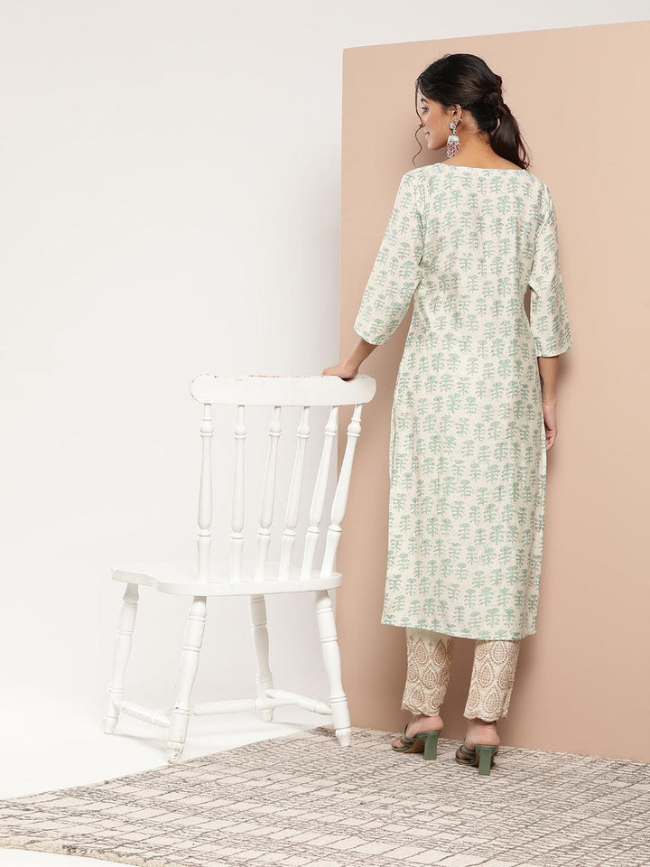 Green Printed Silk Straight Kurta