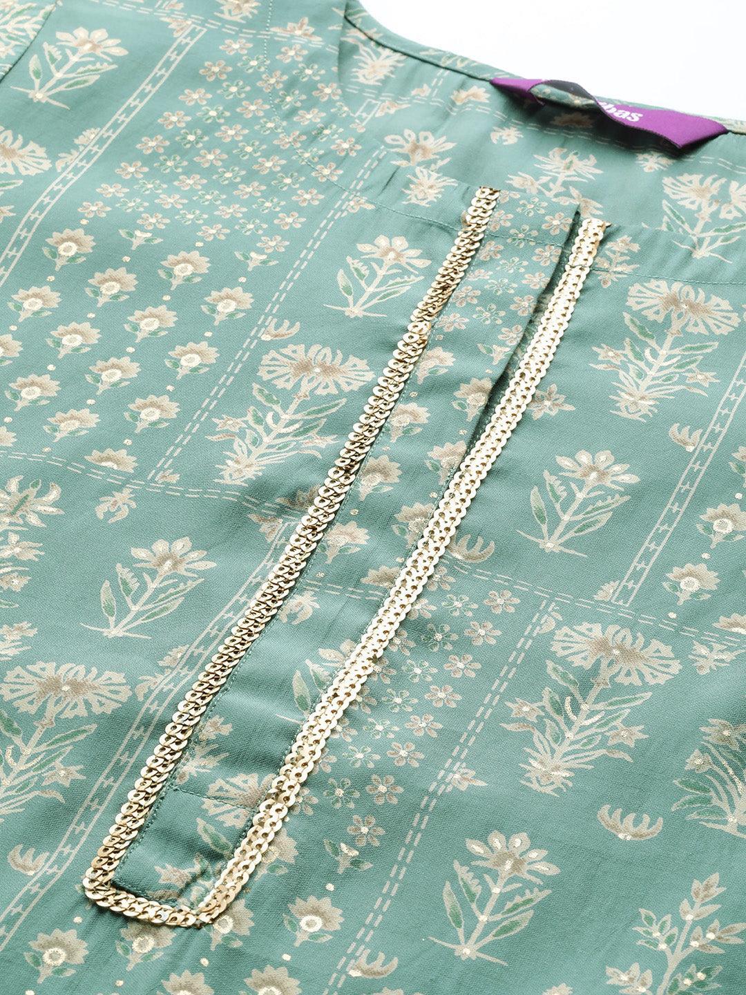 Green Printed Silk Straight Kurta - ShopLibas