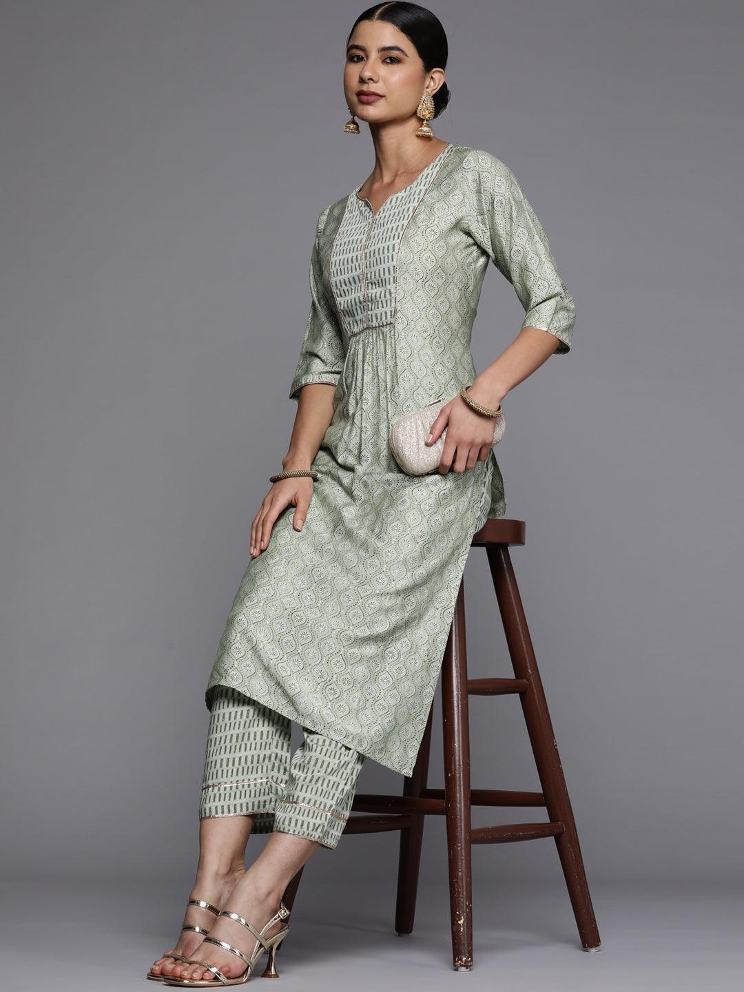 Green Printed Silk Straight Kurta - ShopLibas