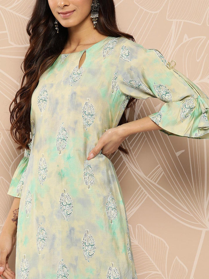Green Printed Silk Straight Kurta
