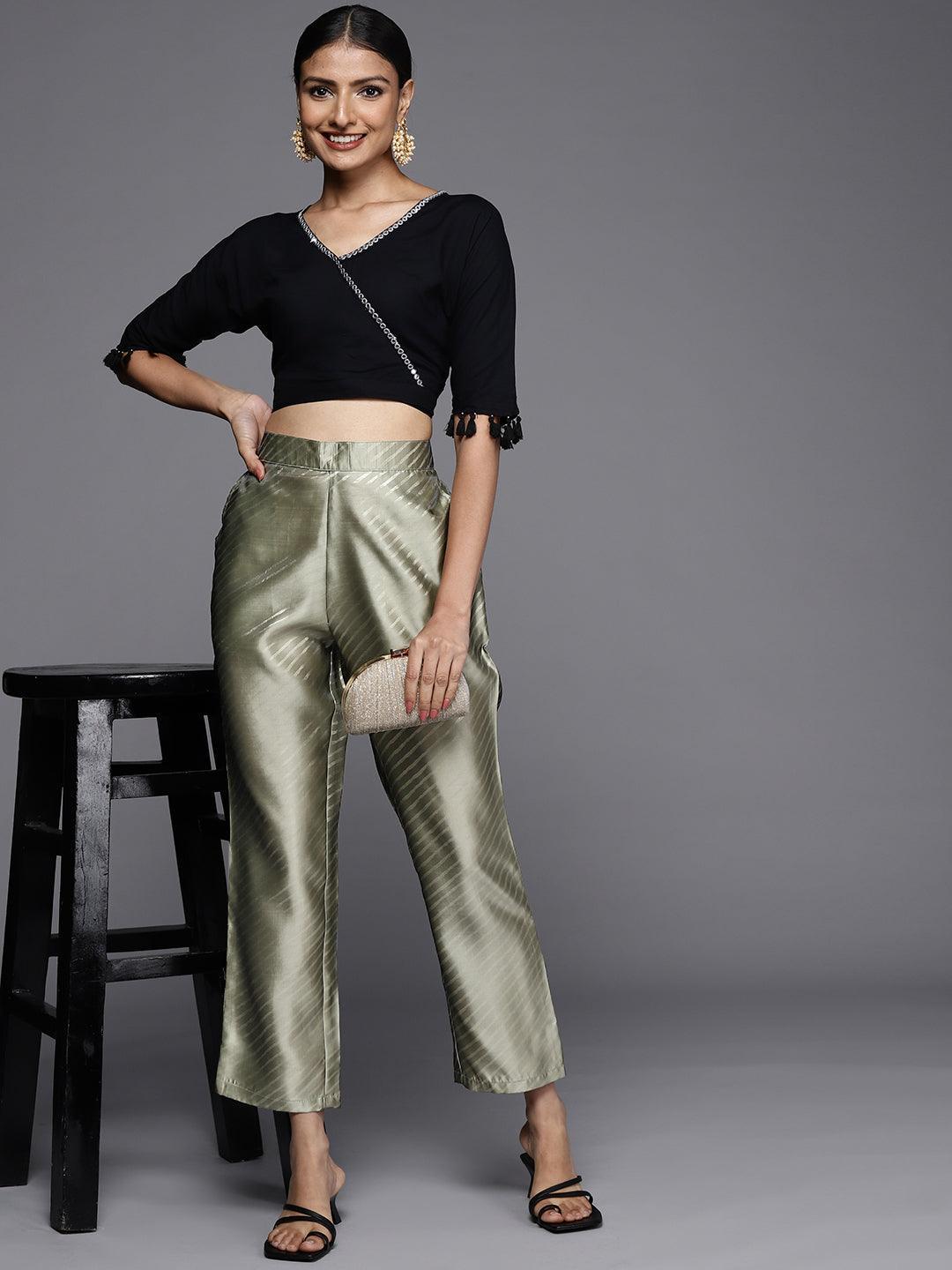 Green Printed Silk Trousers - ShopLibas