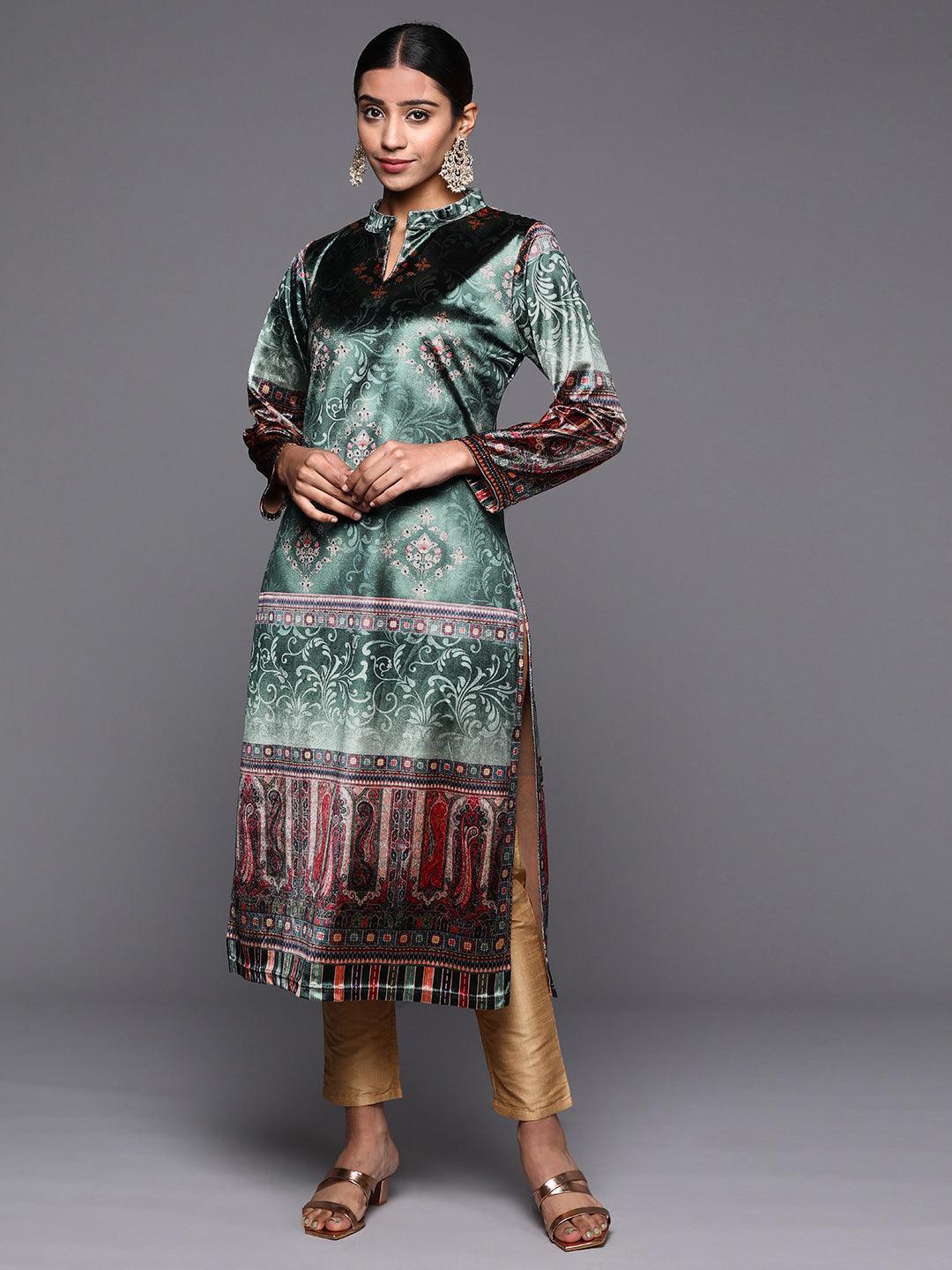 Green Printed Velvet Straight Kurta - ShopLibas