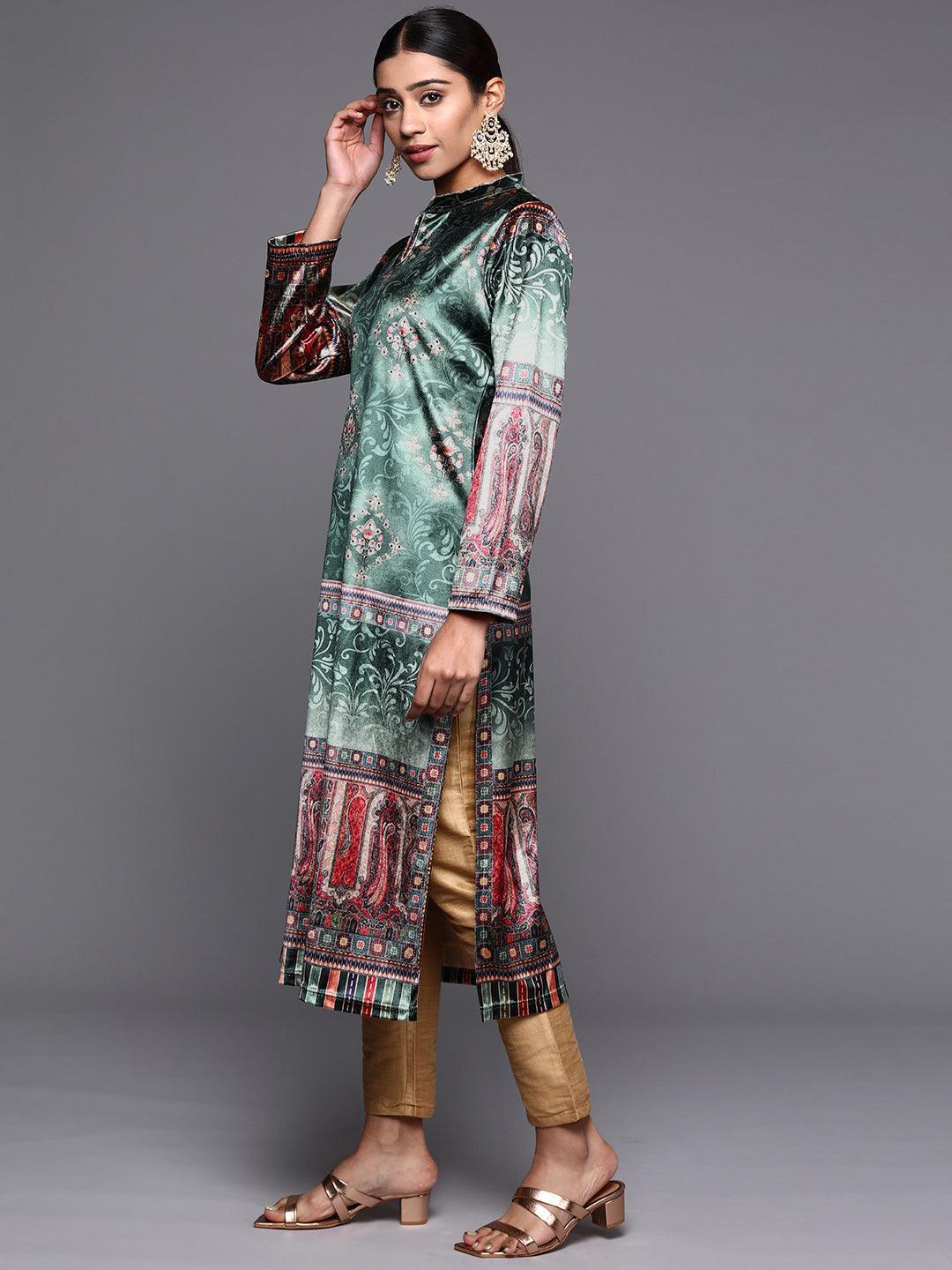 Green Printed Velvet Straight Kurta - ShopLibas