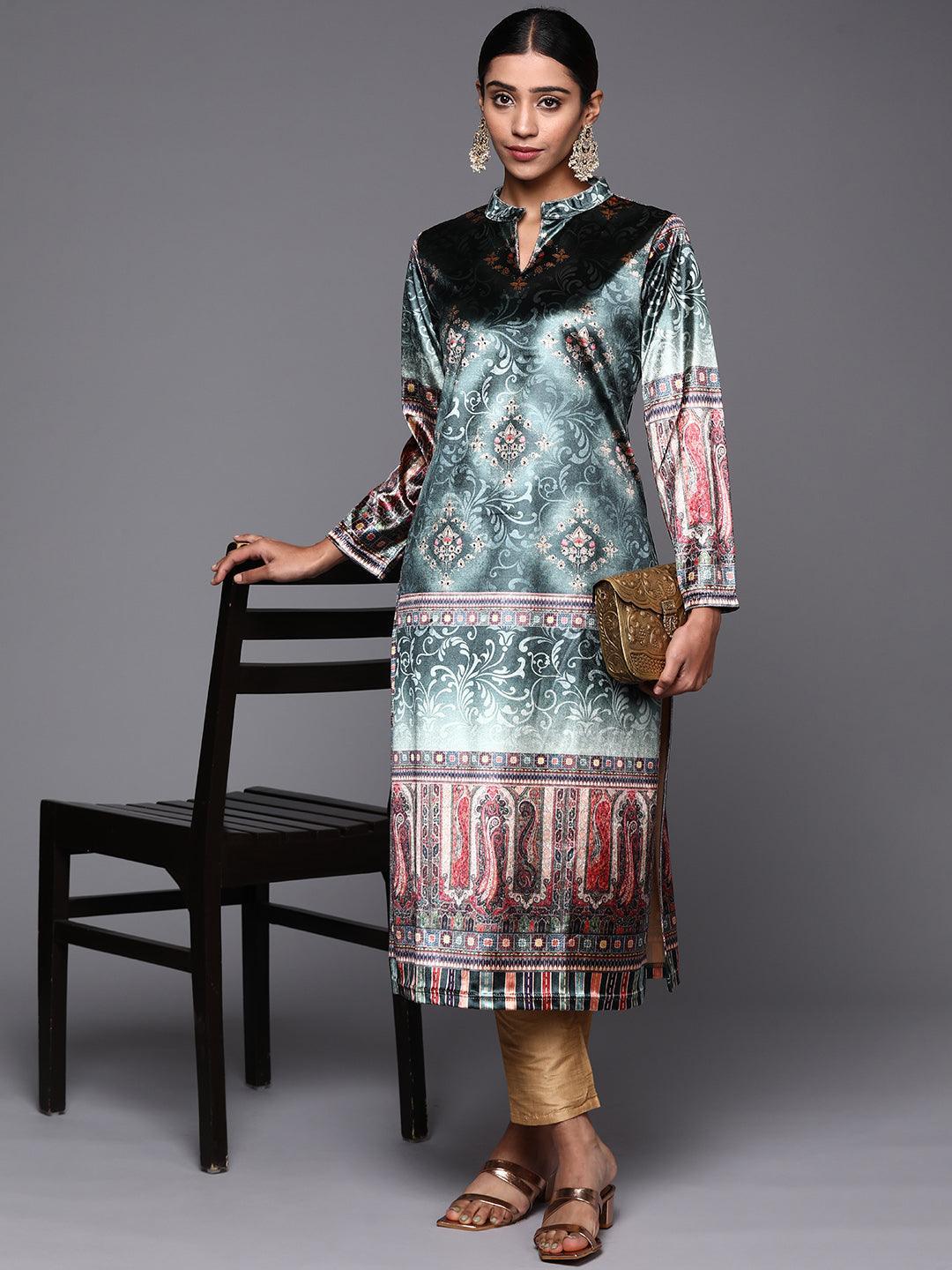 Green Printed Velvet Straight Kurta - ShopLibas