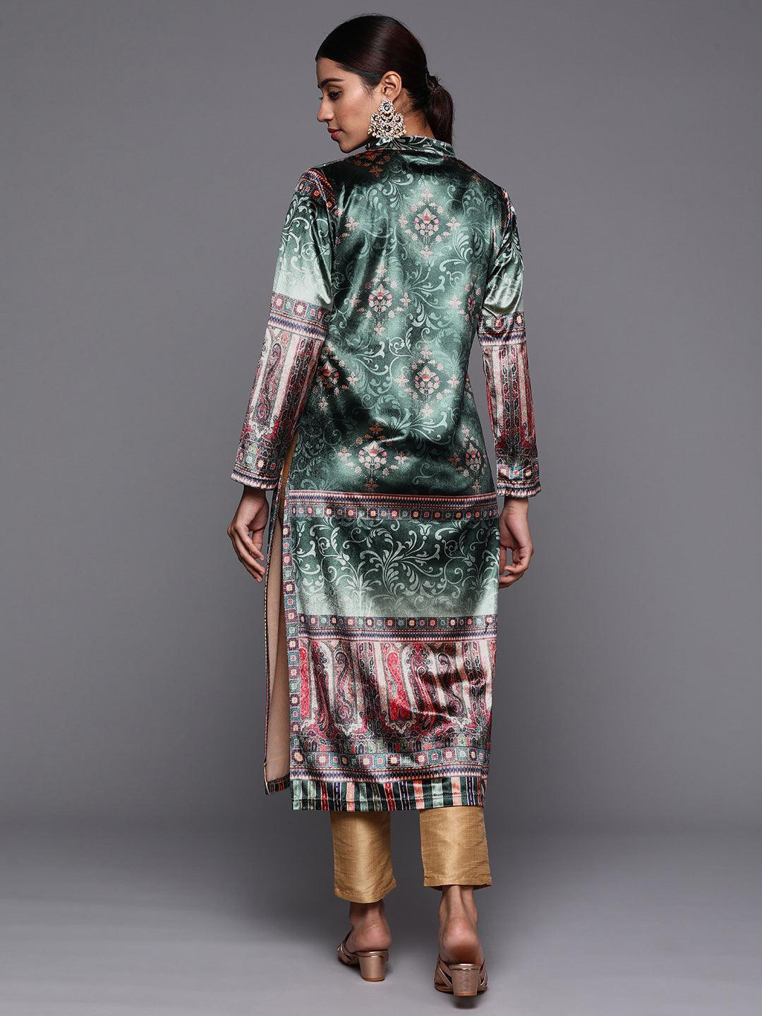 Green Printed Velvet Straight Kurta - ShopLibas