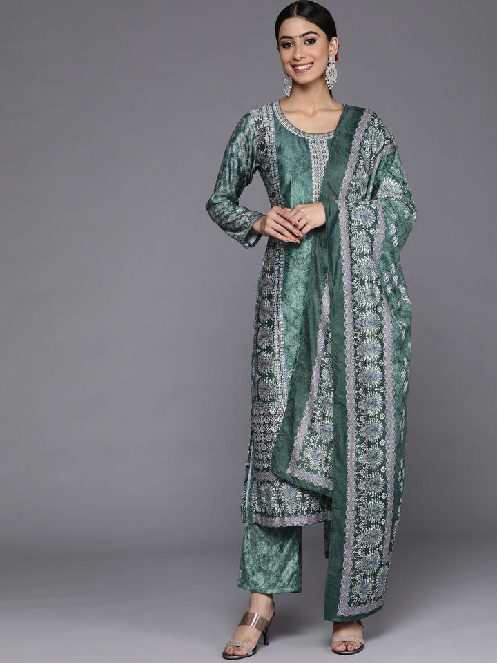 Green Printed Velvet Straight Kurta With Dupatta