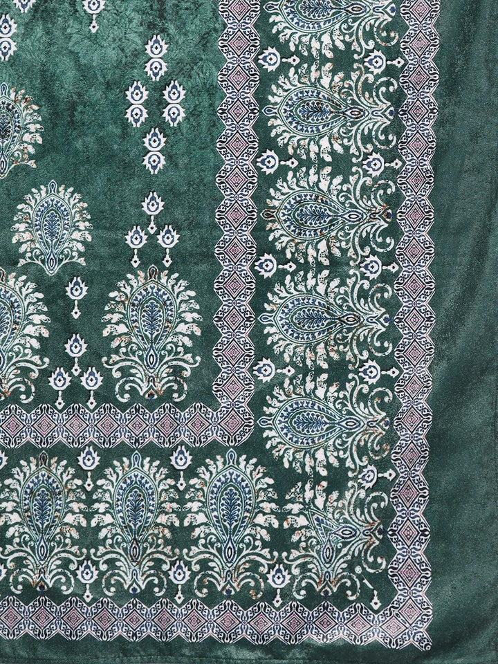 Green Printed Velvet Straight Kurta With Dupatta