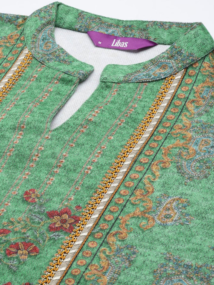 Green Printed Wool Straight Suit Set