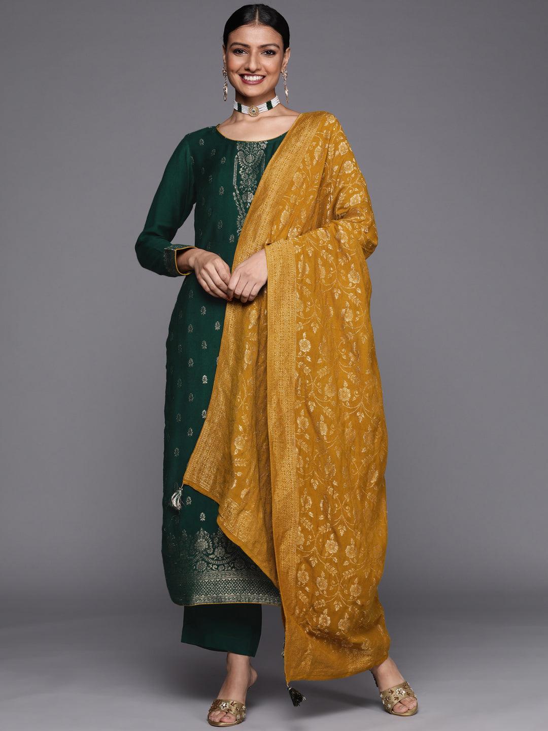 Green Self Design Pashmina Wool Straight Suit Set - ShopLibas