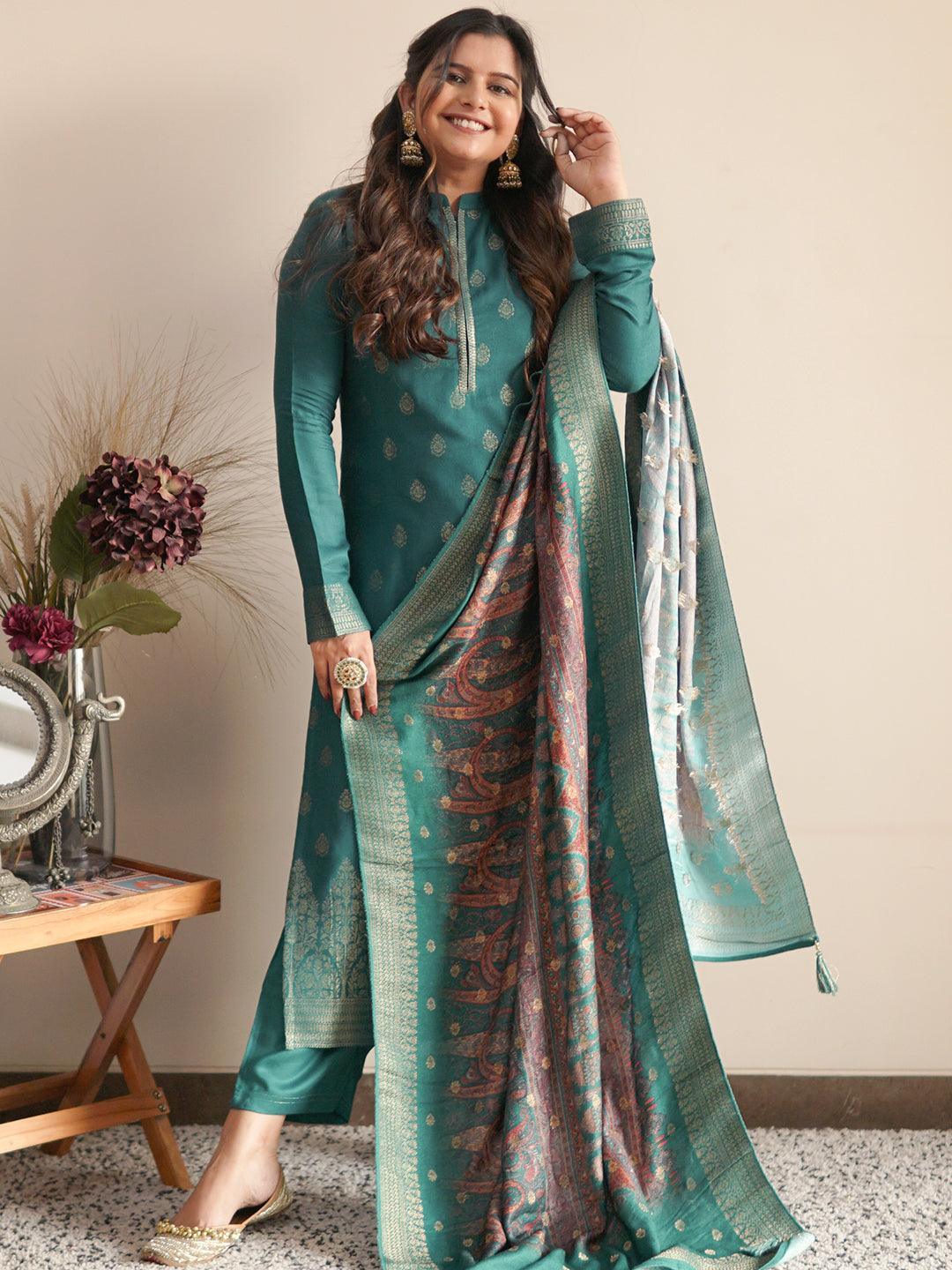 Green Self Design Pashmina Wool Straight Suit Set - ShopLibas
