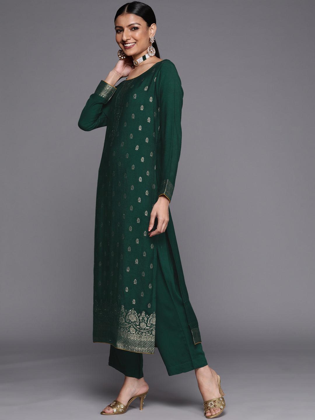 Green Self Design Pashmina Wool Straight Suit Set - ShopLibas