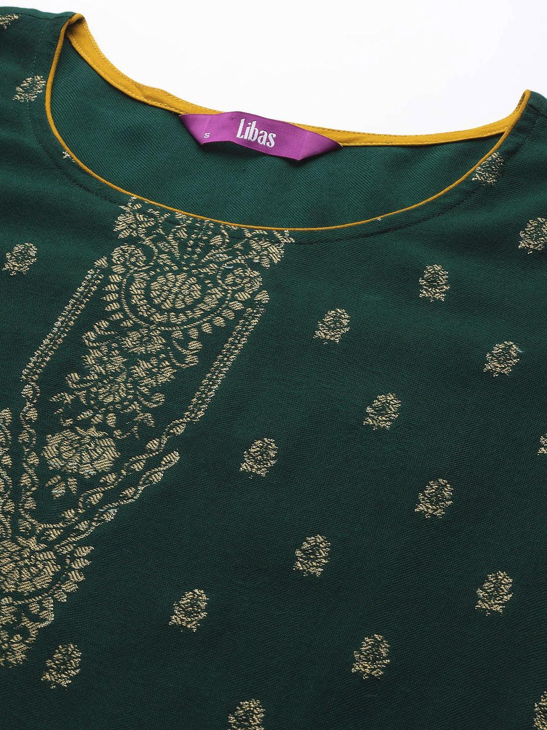 Green Self Design Pashmina Wool Straight Suit Set - ShopLibas