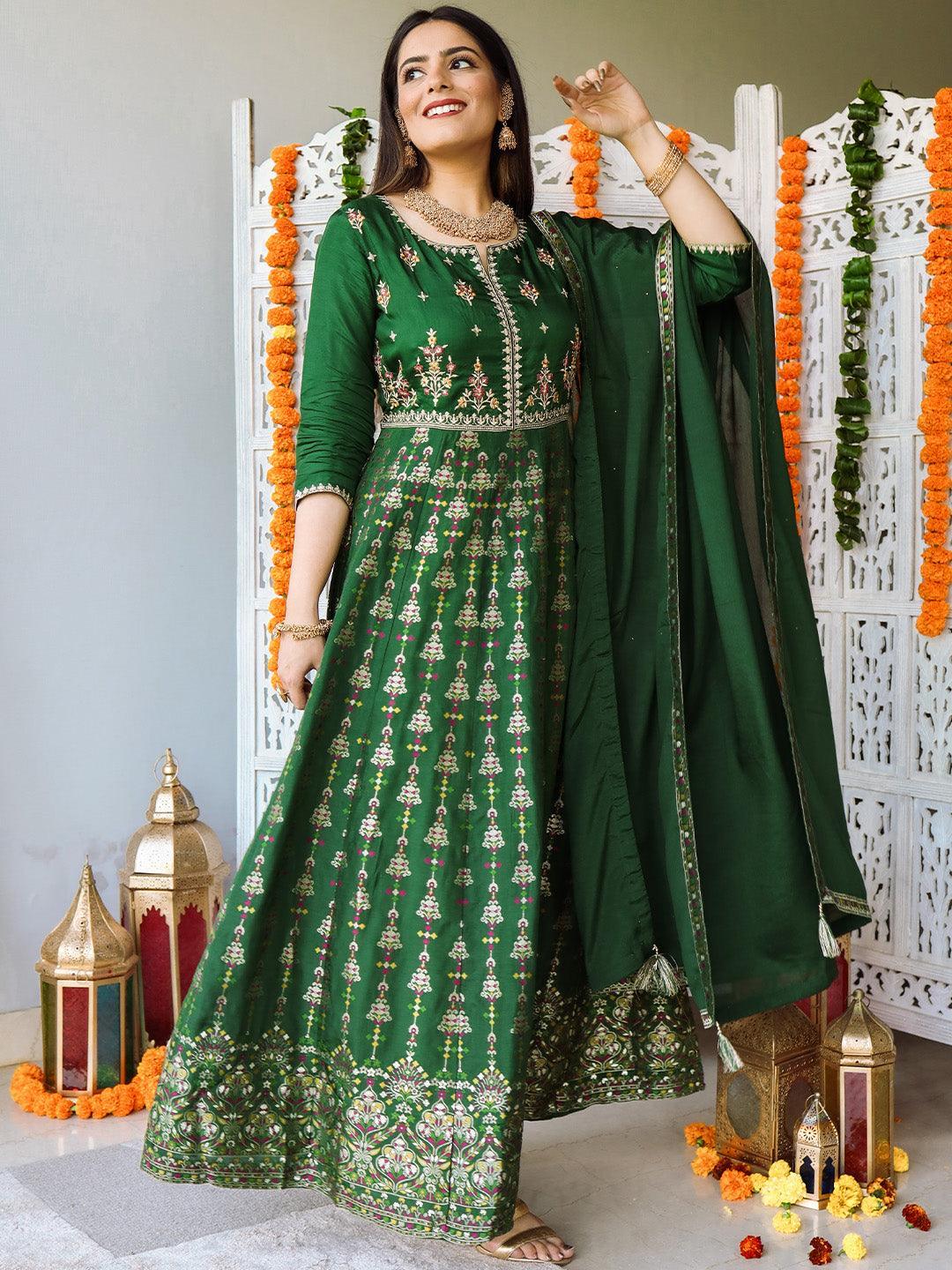 Green Self Design Silk Anarkali Suit Set - ShopLibas