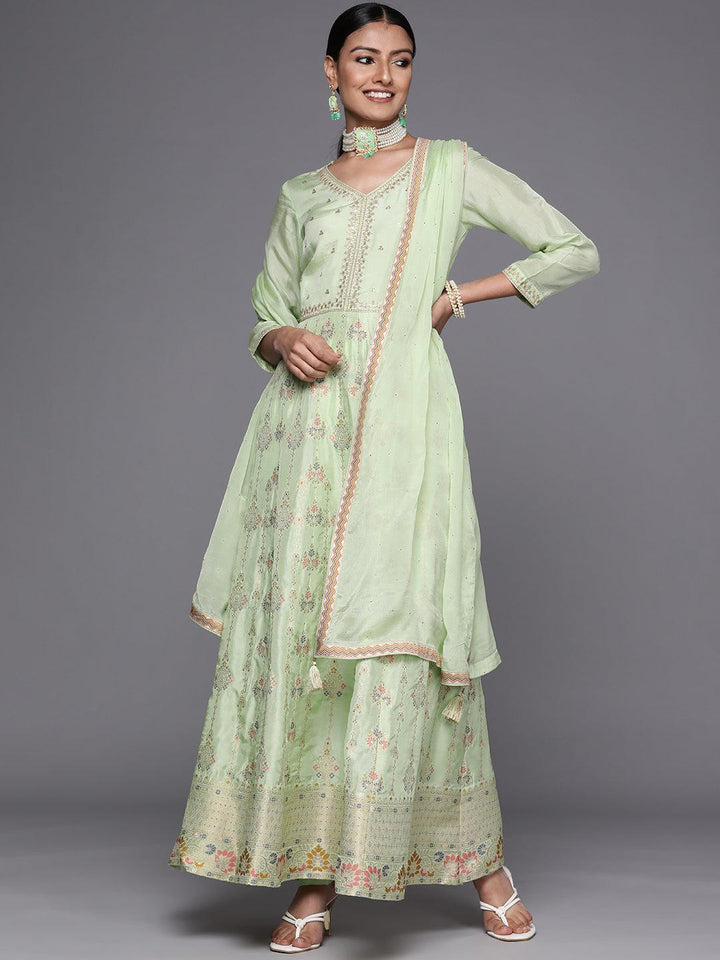 Green Self Design Silk Anarkali Suit Set