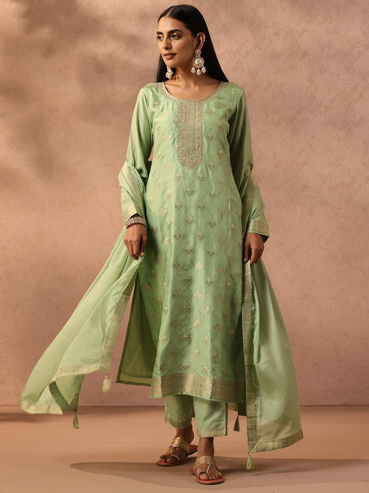 Green Self Design Silk Blend Suit Set With Trousers