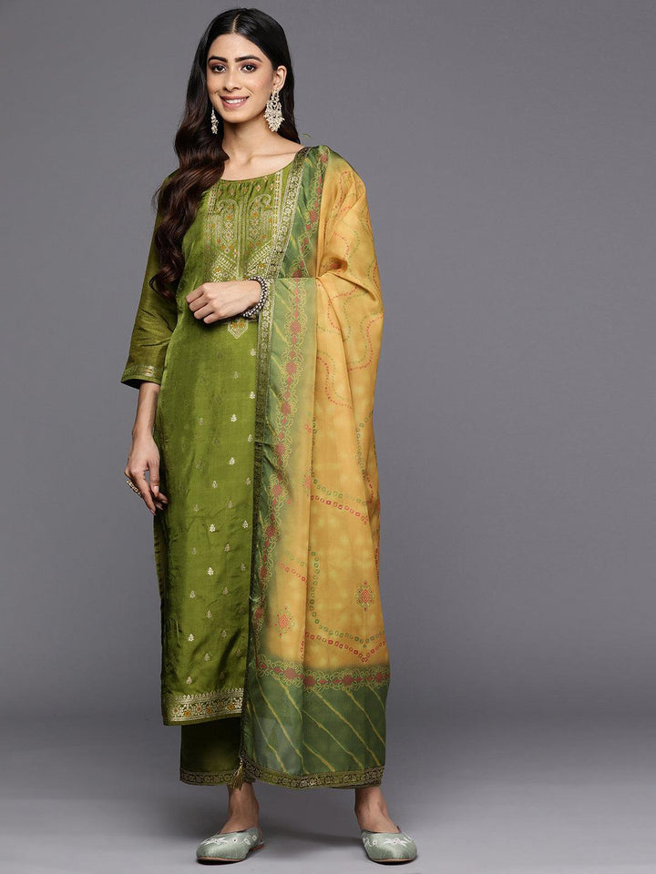 Green Self Design Silk Blend Straight Suit Set With Trousers