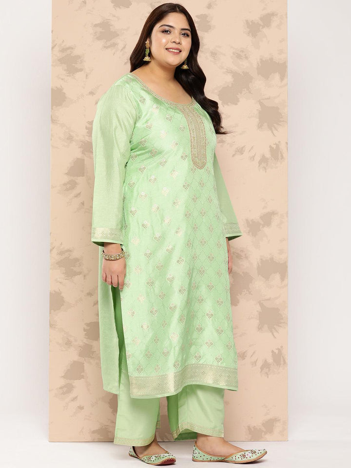 Green Self Design Silk Blend Straight Kurta With Trousers and Dupatta