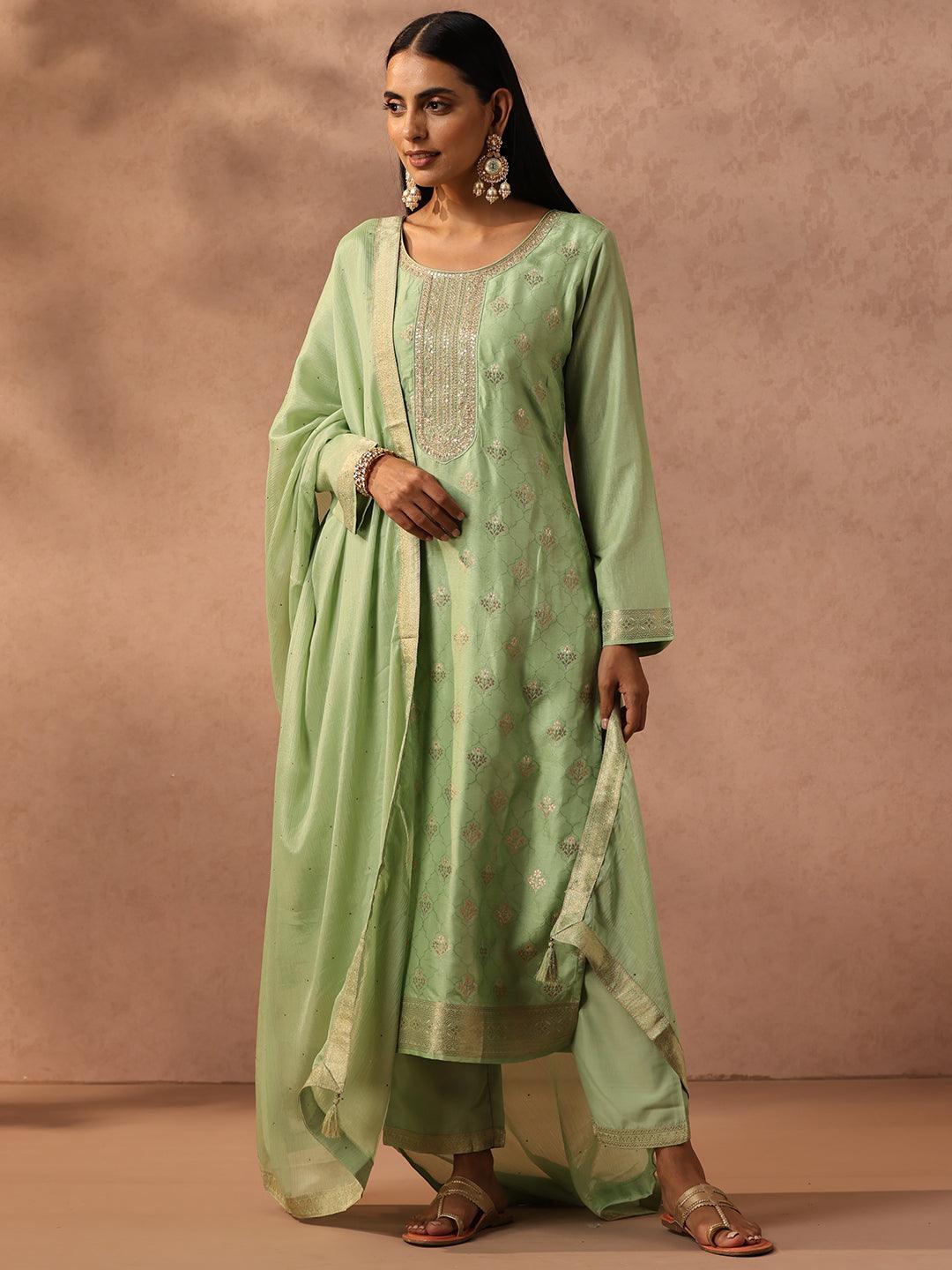 Green Self Design Silk Blend Suit Set With Trousers - ShopLibas