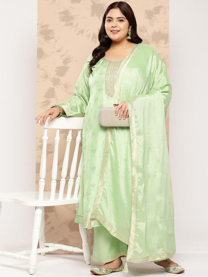 Green Self Design Silk Blend Straight Kurta With Trousers and Dupatta
