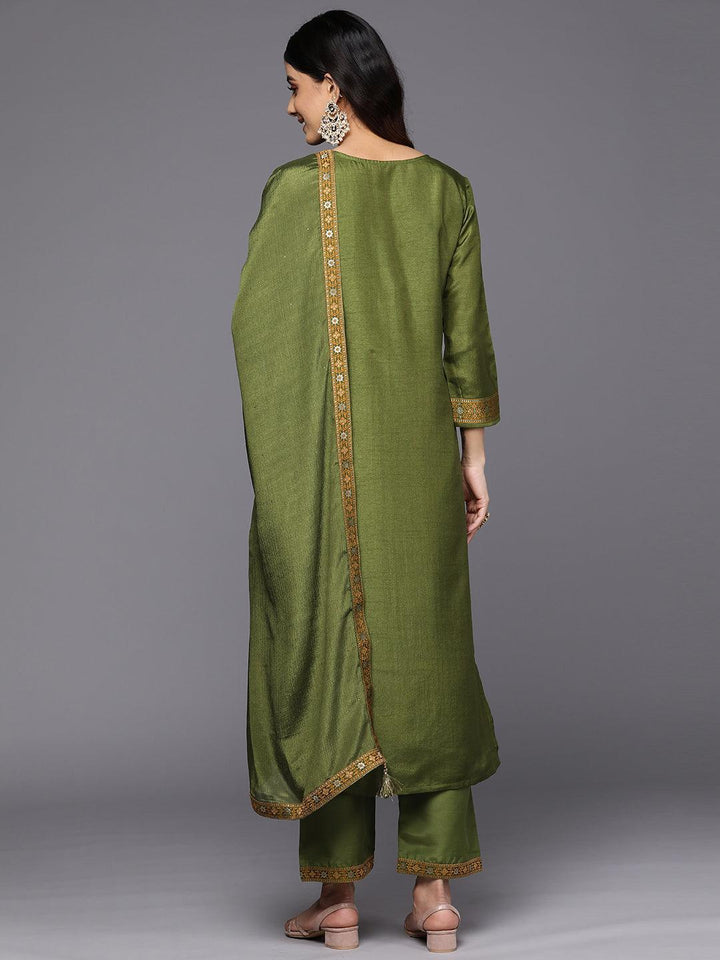 Green Self Design Silk Blend Straight Suit Set With Trousers
