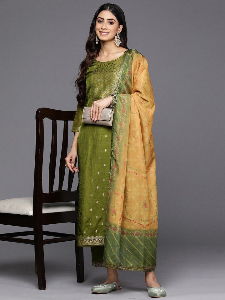 Green Self Design Silk Blend Straight Suit Set With Trousers