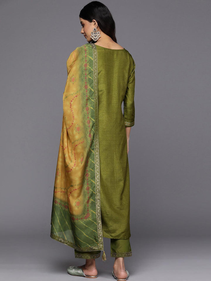Green Self Design Silk Blend Straight Suit Set With Trousers