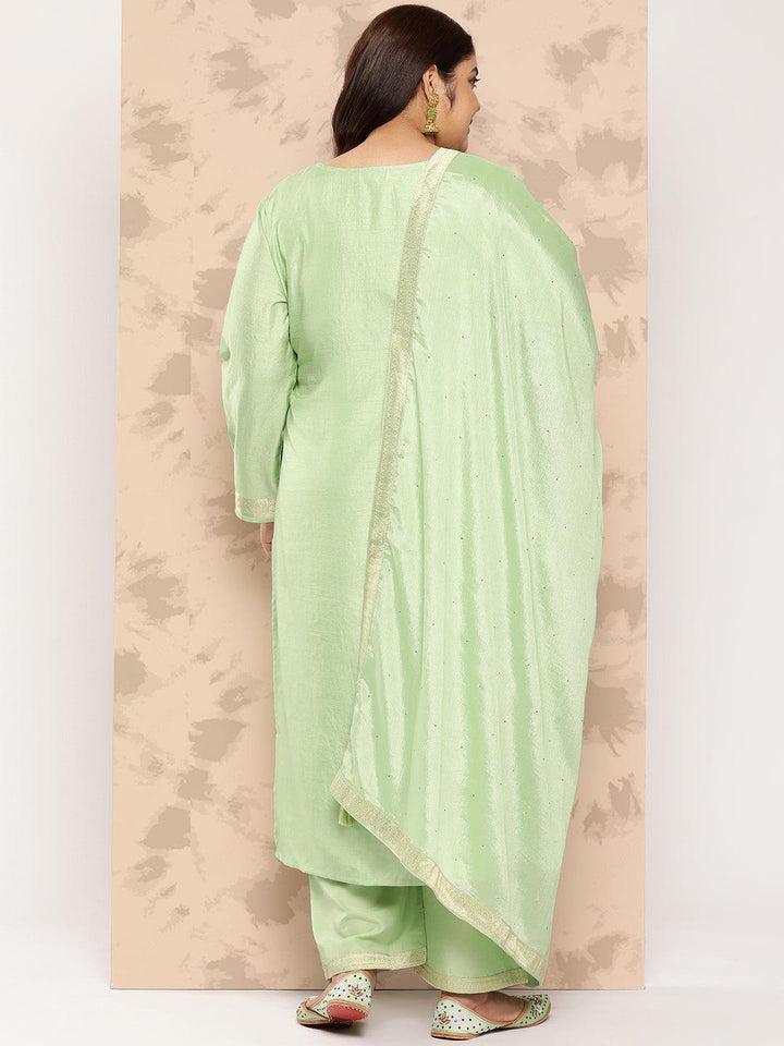 Green Self Design Silk Blend Straight Kurta With Trousers and Dupatta