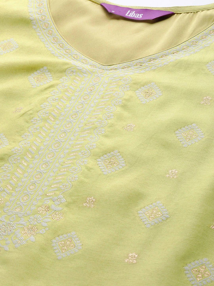 Green Self Design Silk Blend Straight Suit Set With Trousers