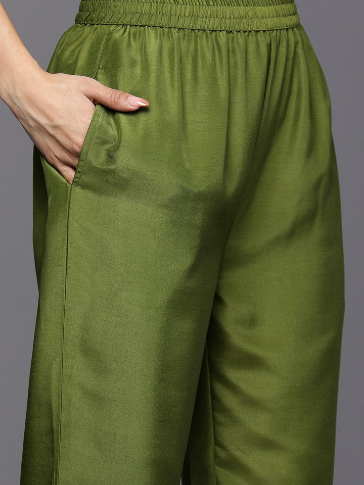 Green Self Design Silk Blend Straight Suit Set With Trousers