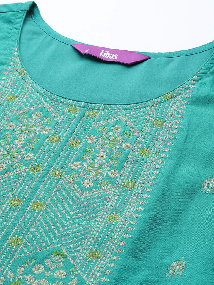 Green Self Design Silk Blend Straight Suit Set With Trousers