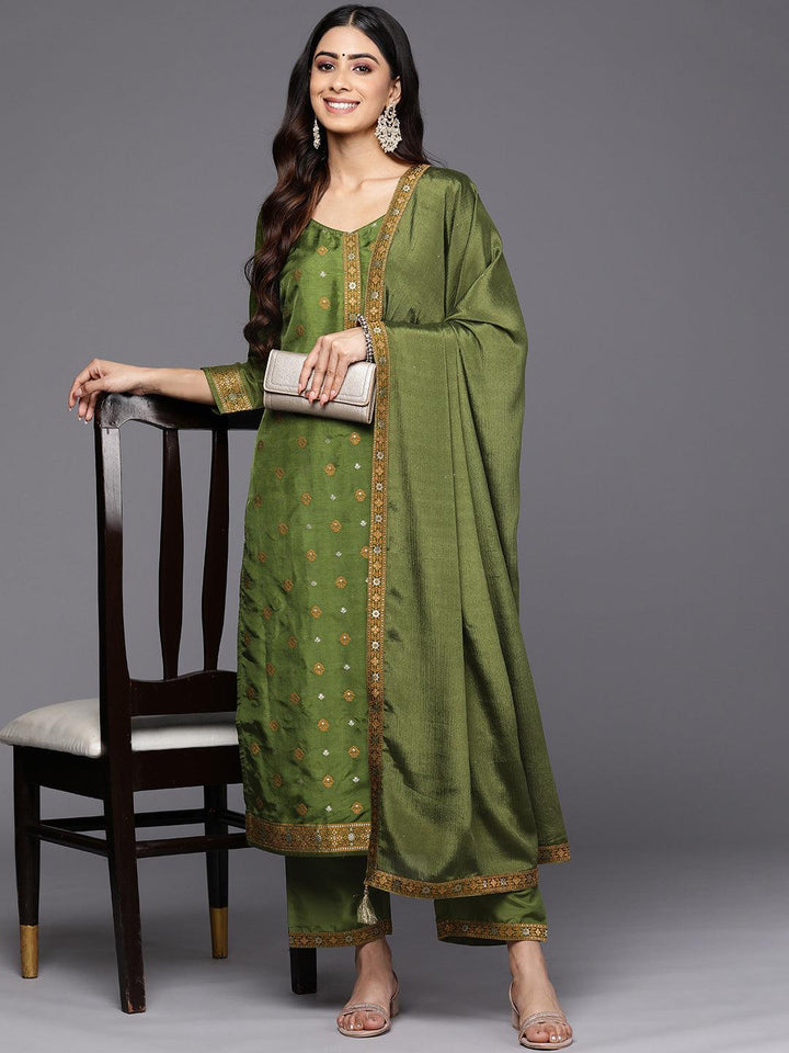 Green Self Design Silk Blend Straight Suit Set With Trousers
