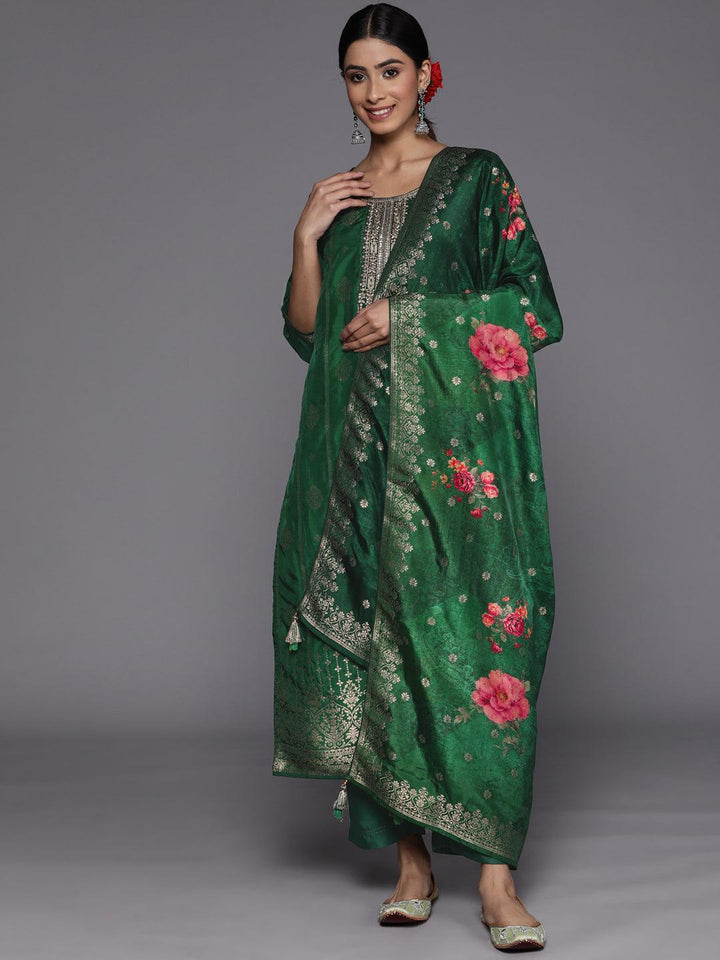 Green Self Design Silk Suit Set With Trousers