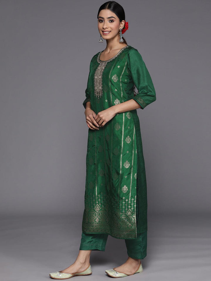 Green Self Design Silk Suit Set With Trousers