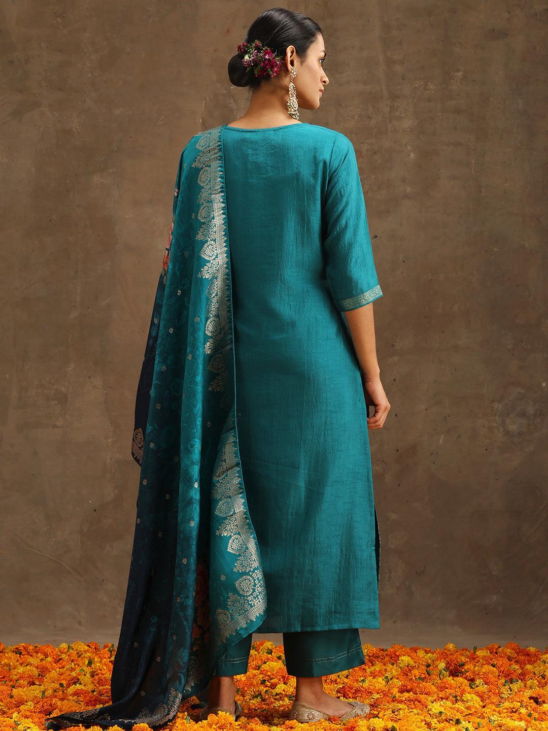 Green Self Design Silk Suit Set With Trousers - ShopLibas