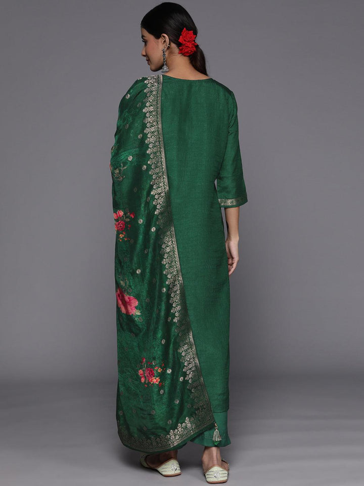 Green Self Design Silk Suit Set With Trousers