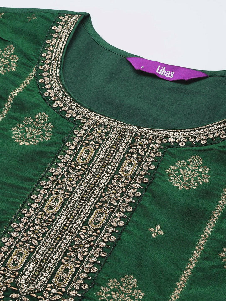 Green Self Design Silk Suit Set With Trousers