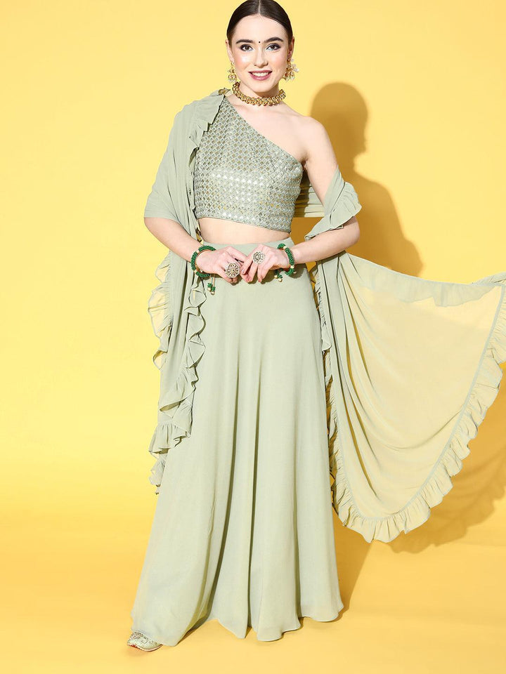 Green Sequinned Georgette Lehenga Set With Potli