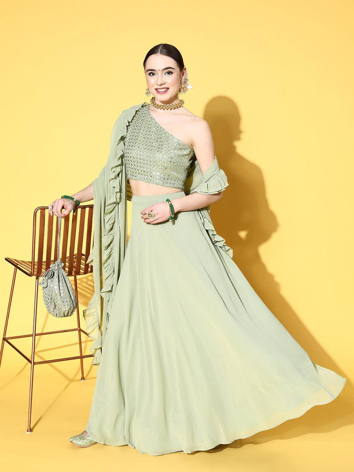 Green Sequinned Georgette Lehenga Set With Potli