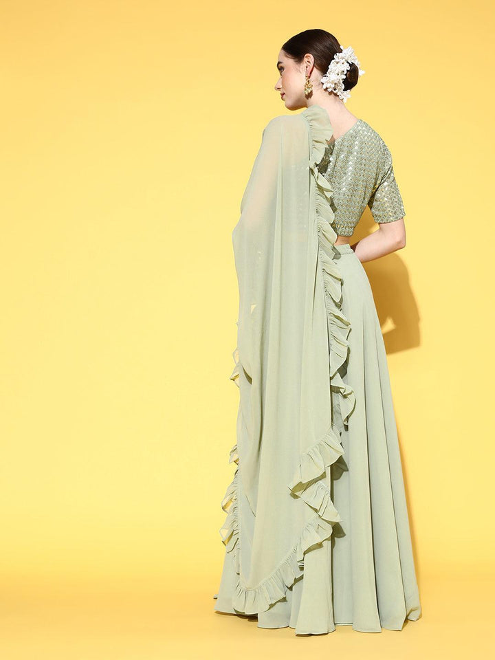Green Sequinned Georgette Lehenga Set With Potli