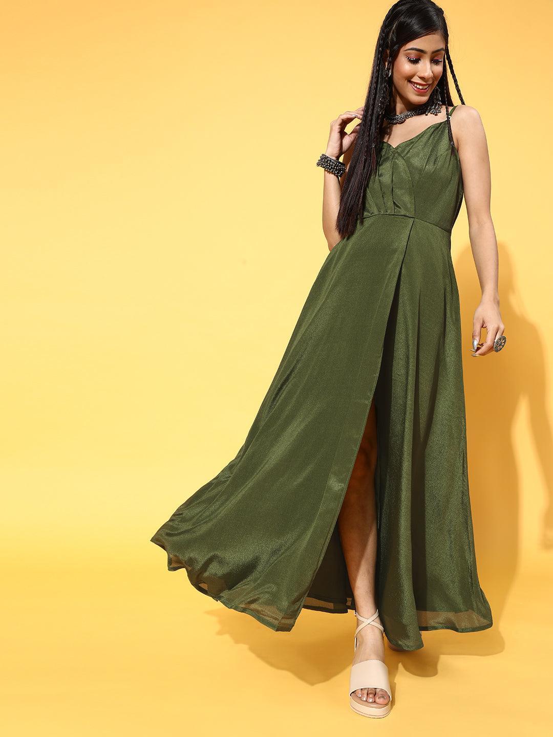 Green Solid Georgette Dress - ShopLibas