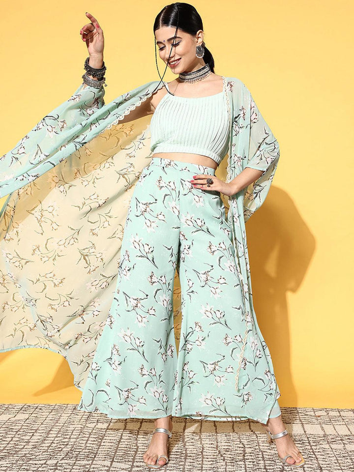 Green Solid Georgette 3 Piece Co-Ords