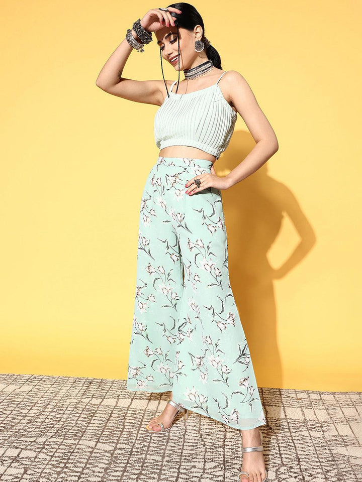 Green Solid Georgette 3 Piece Co-Ords