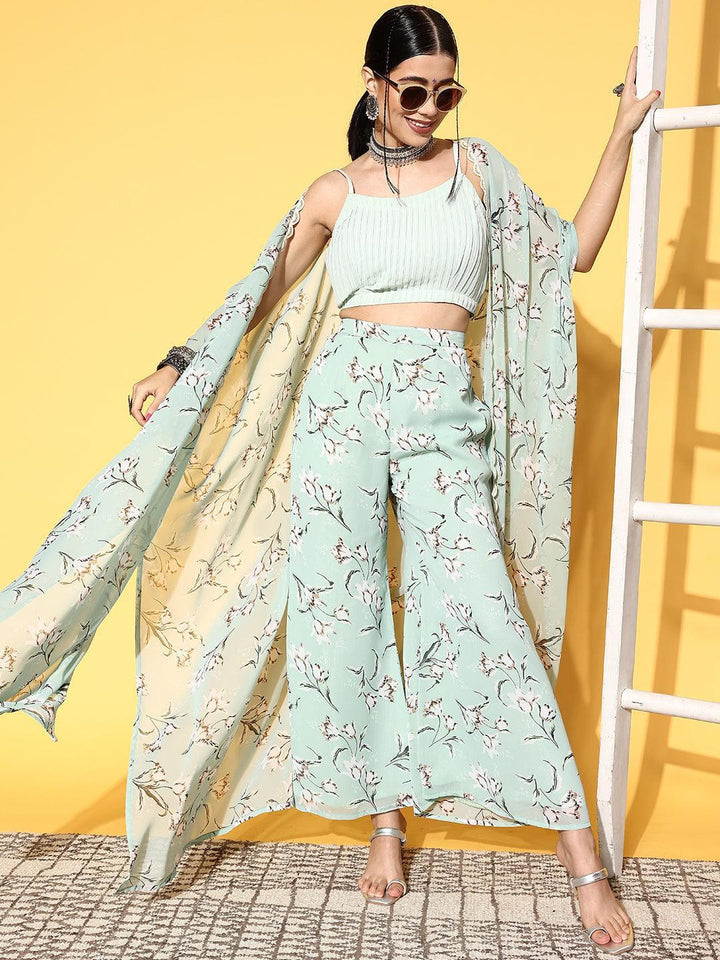 Green Solid Georgette 3 Piece Co-Ords