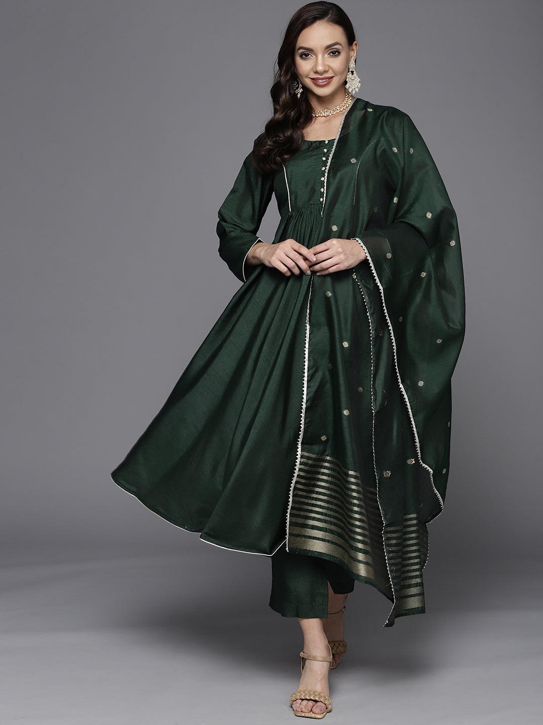 Green Solid Silk Blend Suit Set - ShopLibas