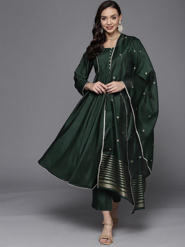Green Solid Silk Blend Suit Set