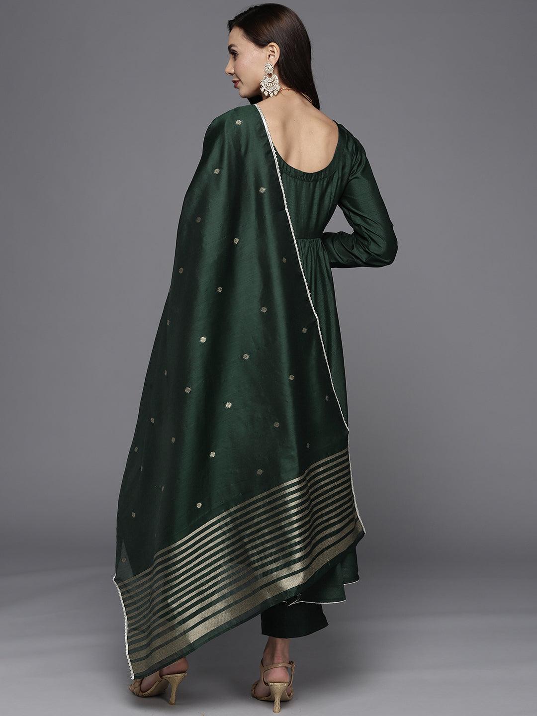 Green Solid Silk Blend Suit Set - ShopLibas
