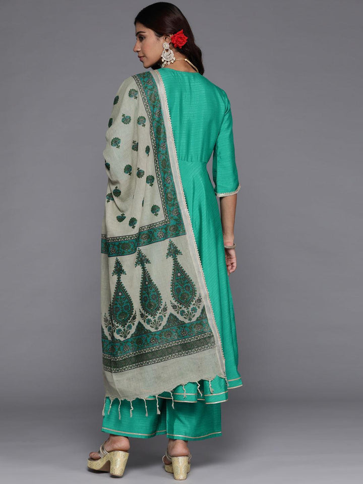Green Solid Silk Blend Anarkali Kurta With Palazzos & Dupatta